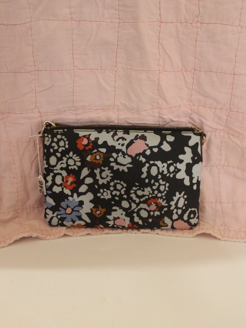 Multicolor Abstract Floral Zip Pouch Clutch with Tan Trim 0246
